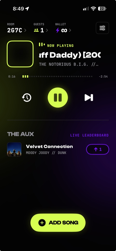 Host dashboard: now playing with pause and skip controls above the live leaderboard queue.
