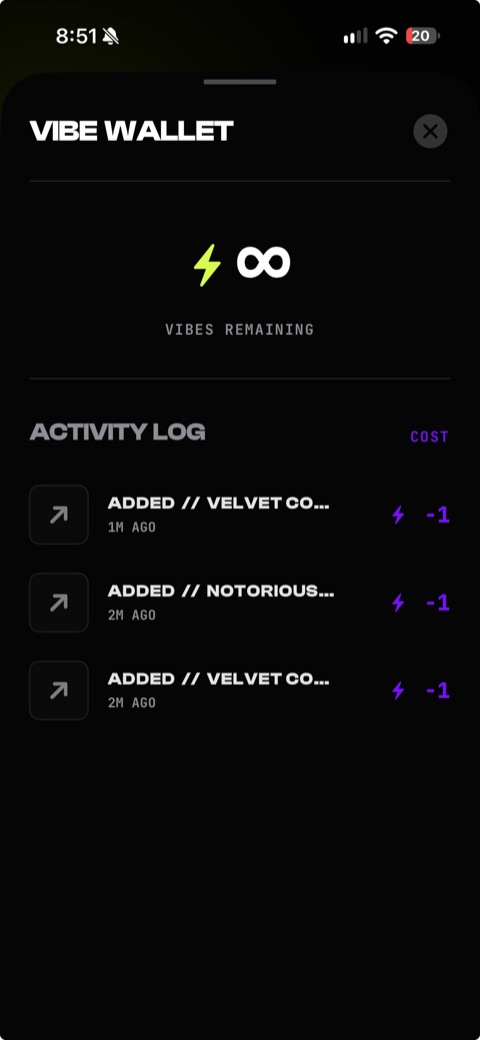 Vibe wallet showing the remaining balance and a log of recent transactions.
