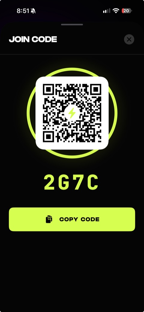Join code screen with a branded QR code, the four character room code, and a copy button.